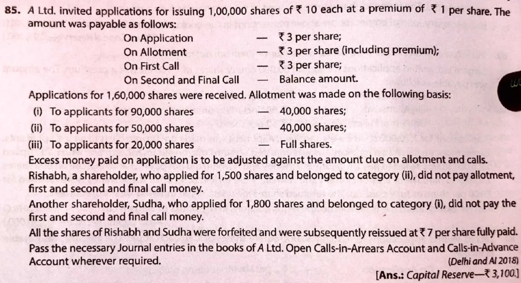 CBSE Q. 85 Solution of Accounting for Share Capital TS Grewal Class 12 (2022-23)